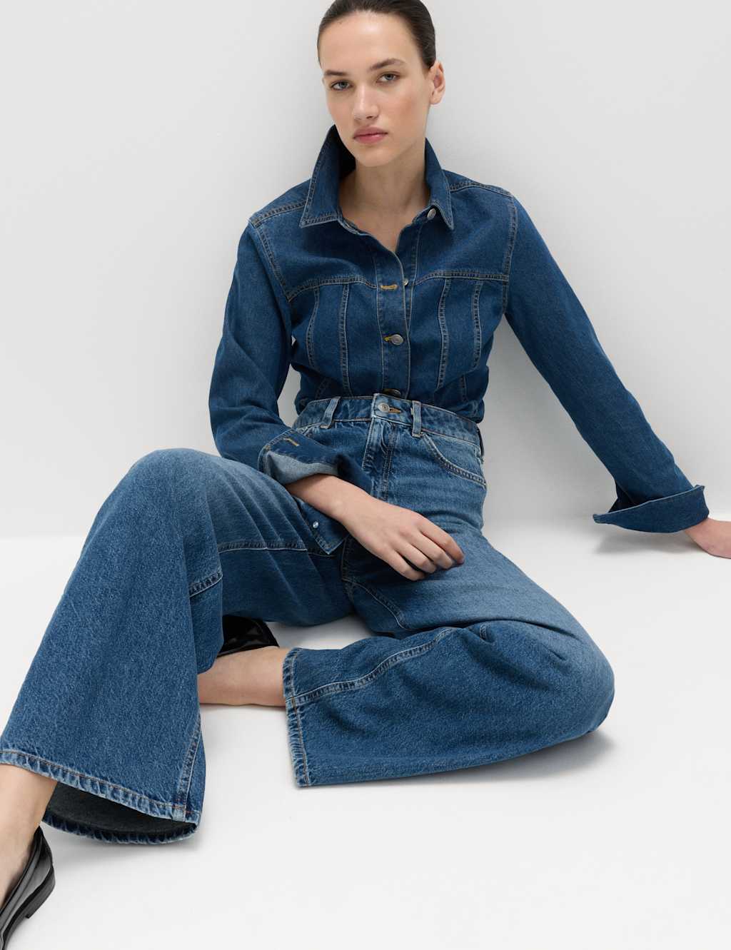 M&S High Waisted Wide Leg Jeans Medium Indigo