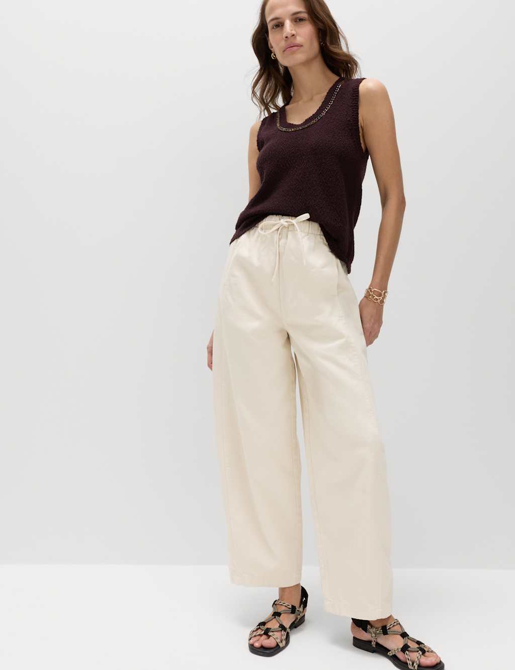 M&S Pull On High Waisted Barrel Leg Jeans Ecru