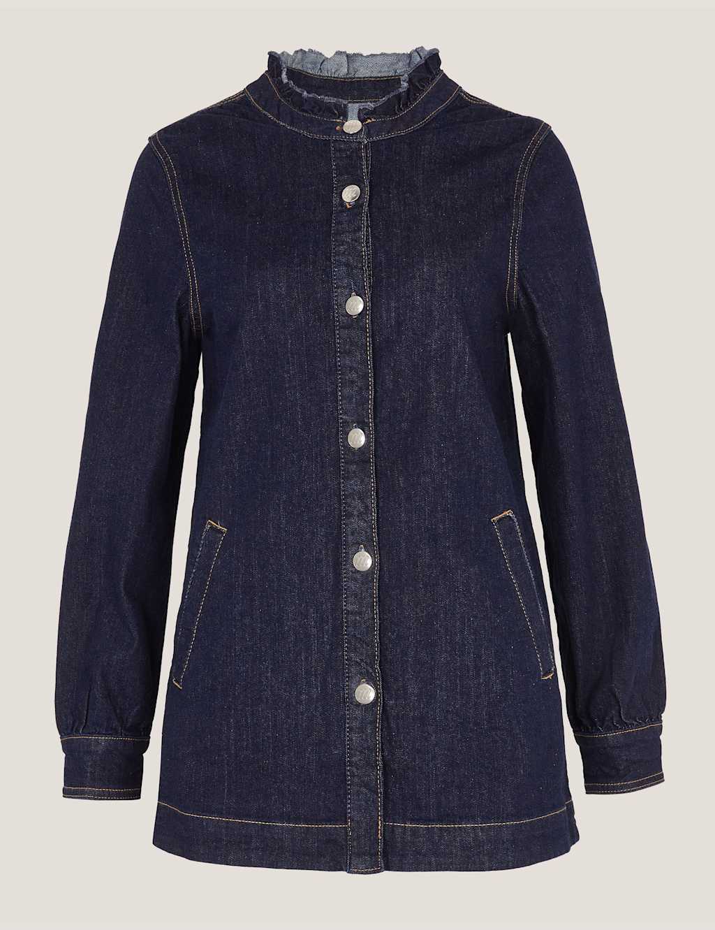 Monsoon Denim Frill Collar Longline Jacket Indigo
