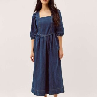Monsoon Denim Square Neck Midi Skater Dress Indigo