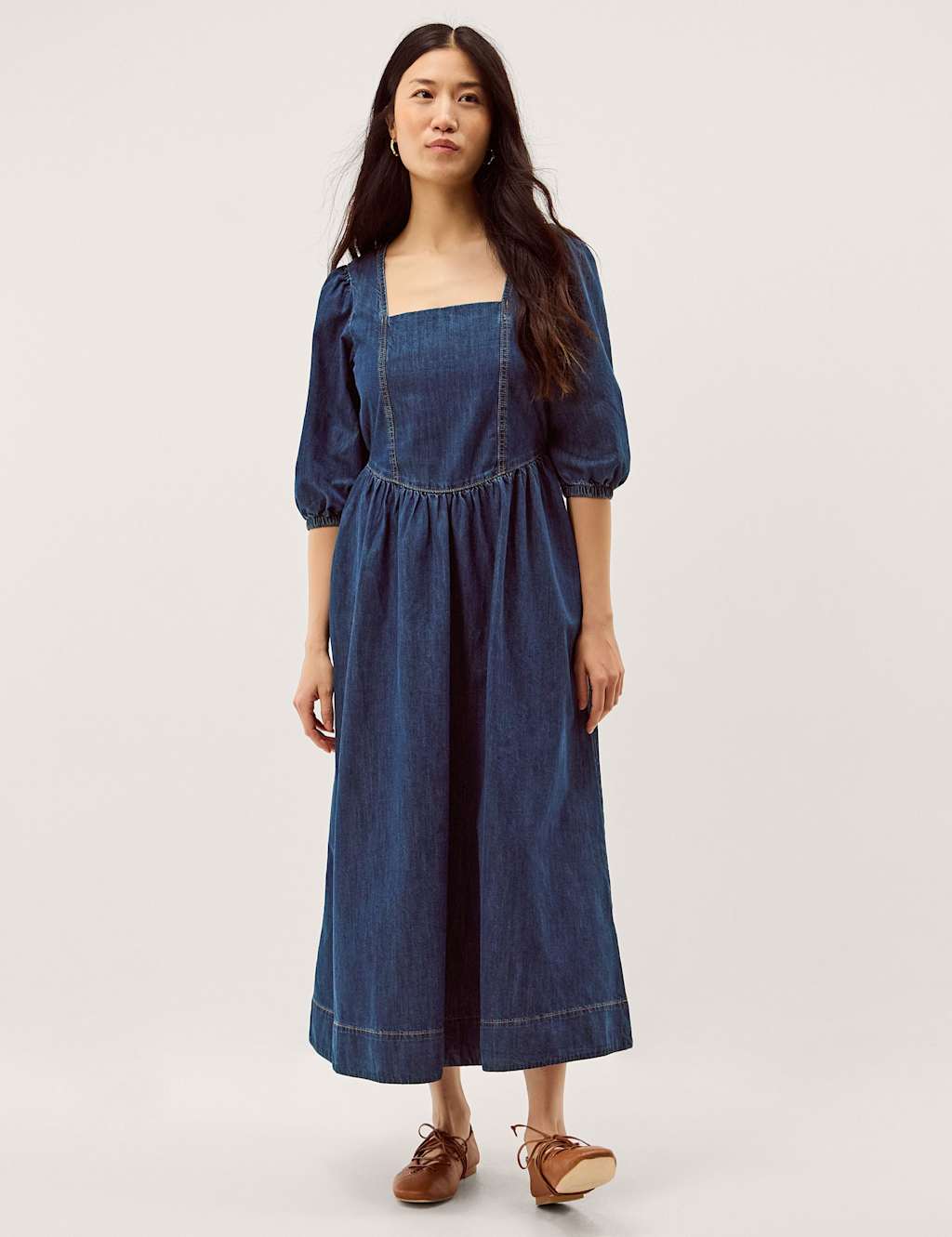 Monsoon Denim Square Neck Midi Skater Dress Indigo
