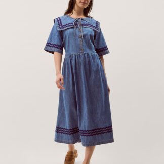 Monsoon Denim Tie Neck Midi Smock Dress Blue