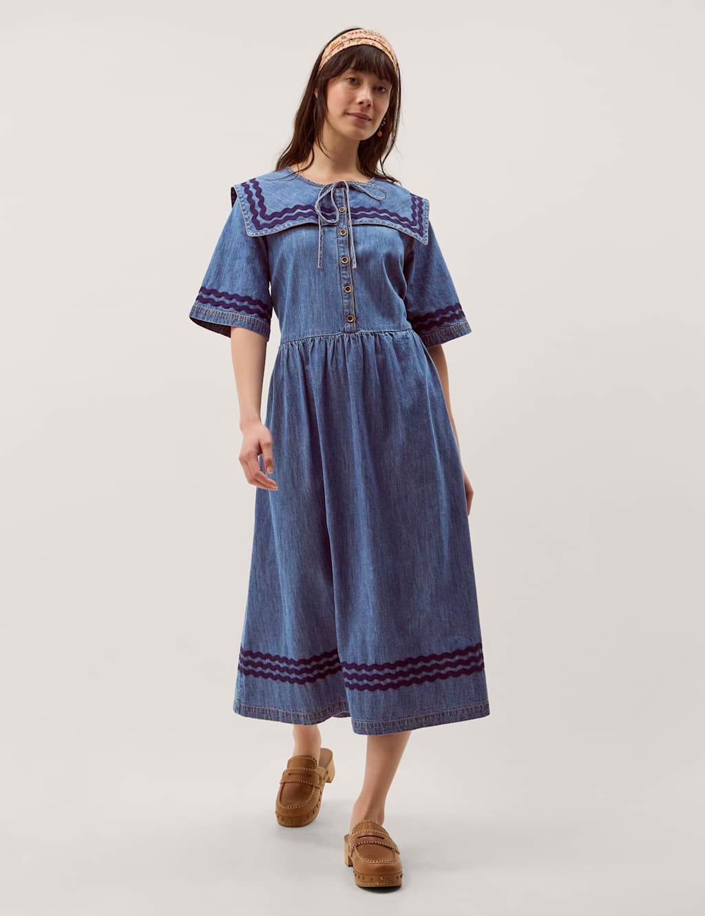 Monsoon Denim Tie Neck Midi Smock Dress Blue