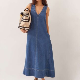 Monsoon Denim V-Neck Midi Skater Dress Mid Blue