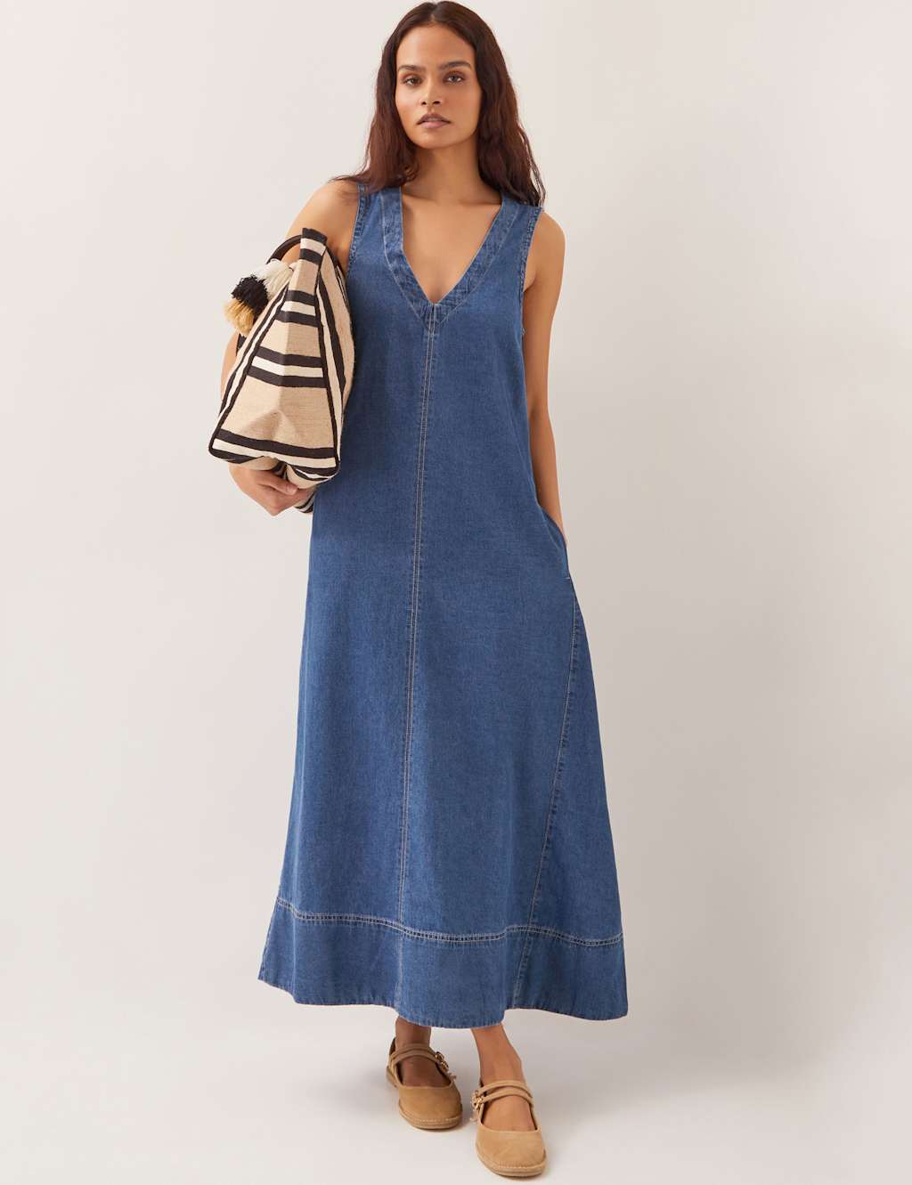 Monsoon Denim V-Neck Midi Skater Dress Mid Blue
