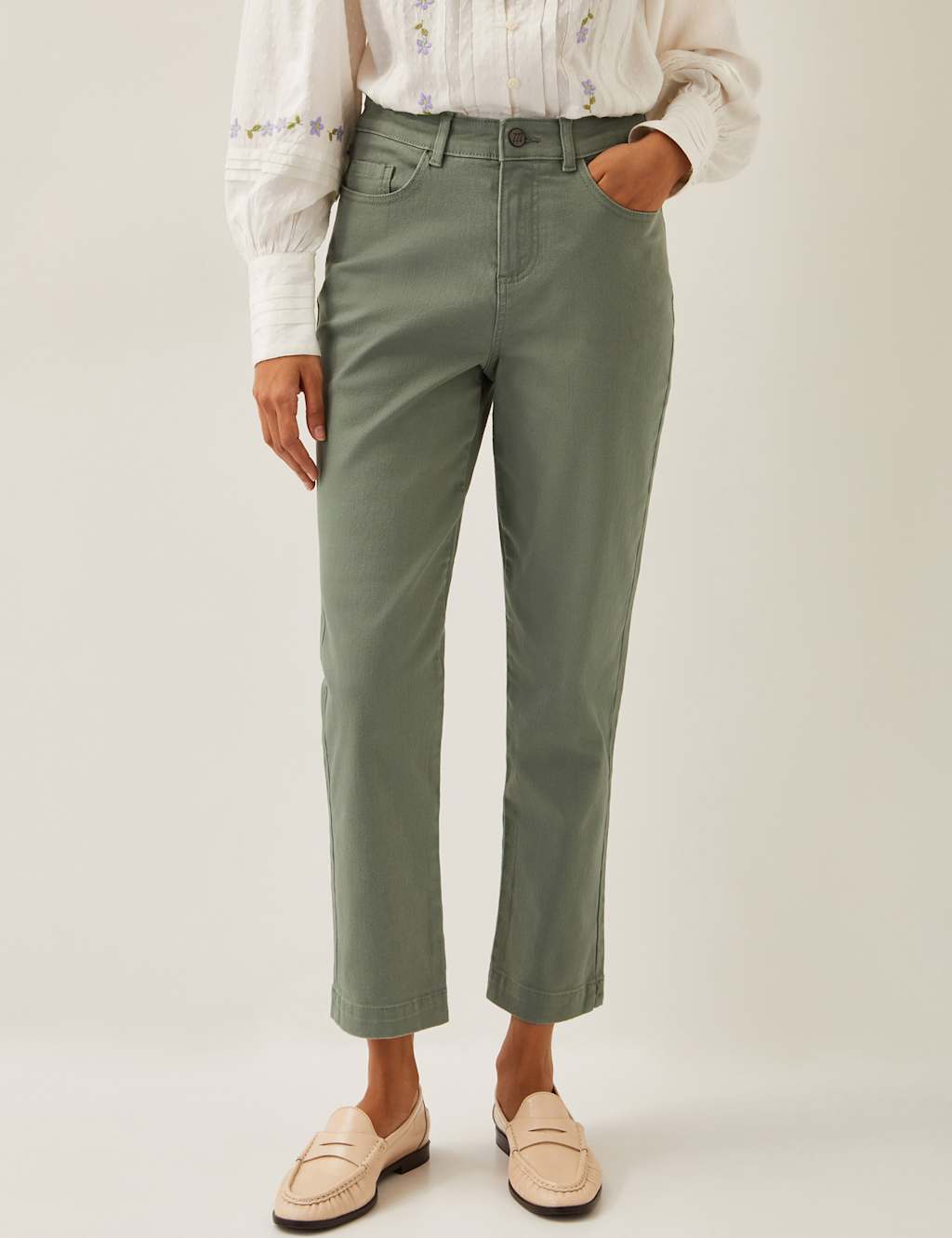 Monsoon High Waisted Straight Leg Cropped Jeans Khaki
