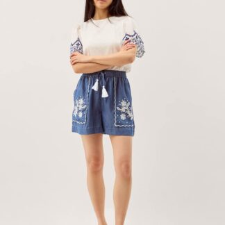 Monsoon Lyocell Denim Embroidered Drawstring Shorts Blue Mix
