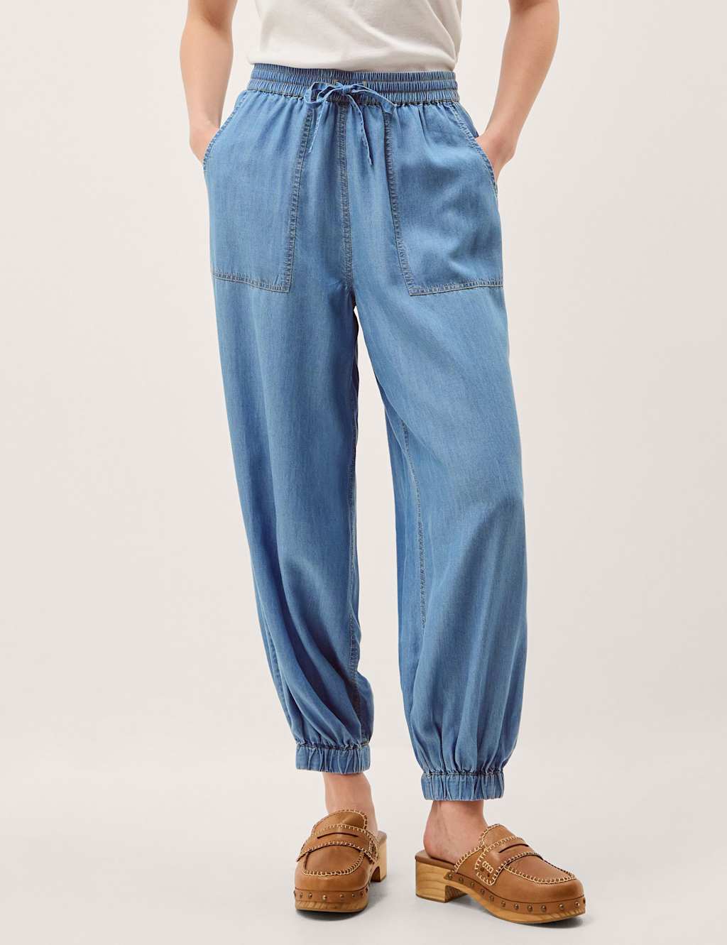 Monsoon Pure Lyocell Drawstring Cuffed Joggers Blue Denim