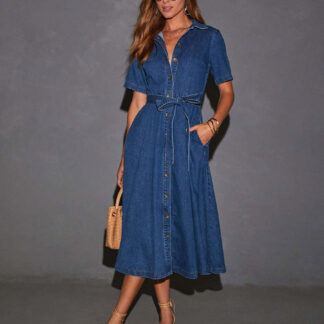 Navy Blue Denim Short Sleeve Midi Dress For Women Classic Casual