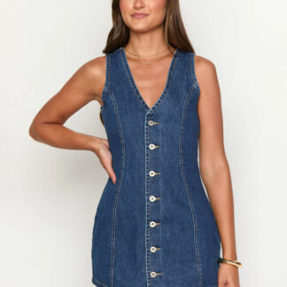 Navy Blue V Neck Sleeveless Denim Mini Dress For Women Retro Chic