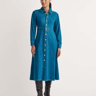 Nobody's Child Pure Cotton Button Through Shirt Dress Blue Denim