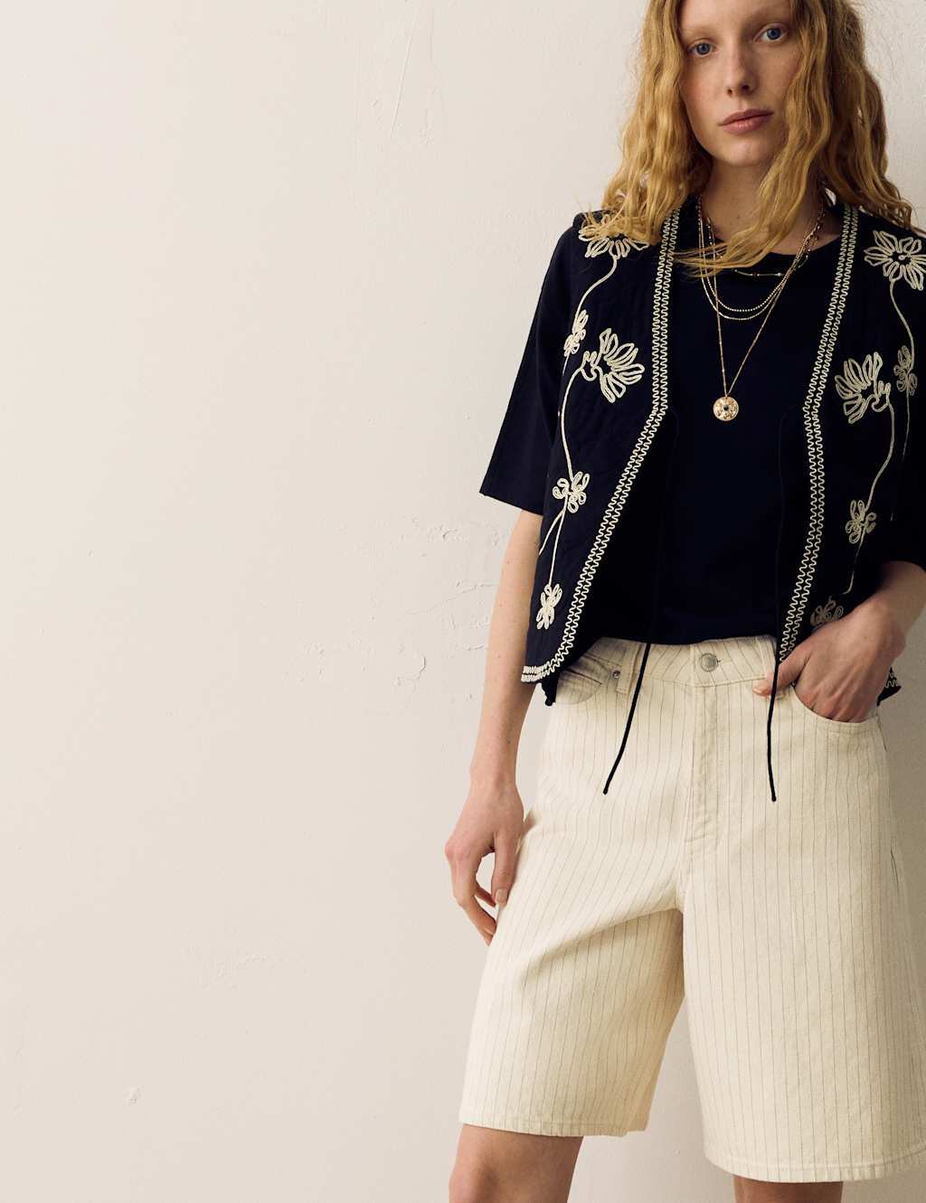 Per Una Cotton Rich Denim Striped Bermuda Shorts Ecru Mix