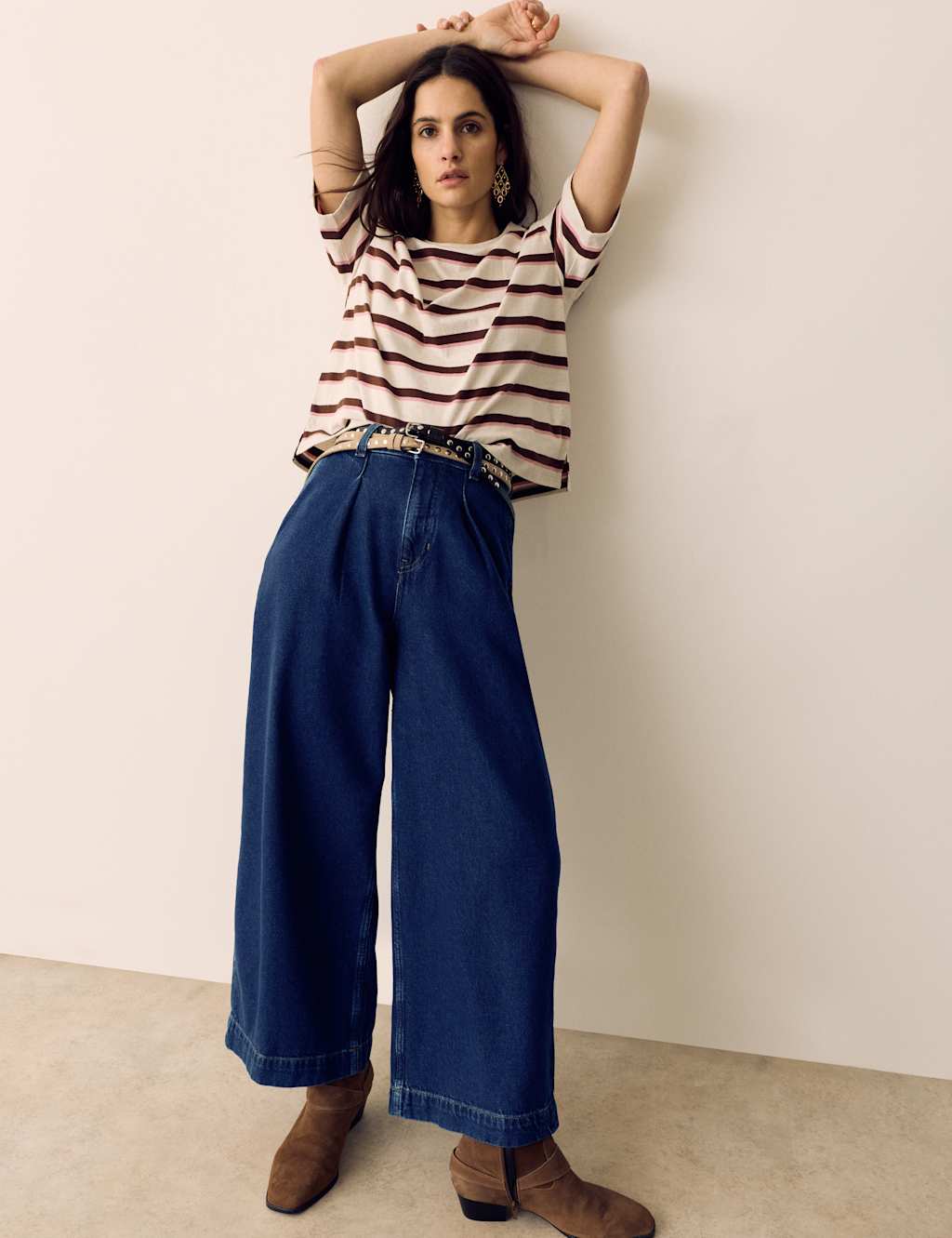 Per Una Denim High Waisted Pleat Front Wide Leg Cropped Jeans Dark Indigo