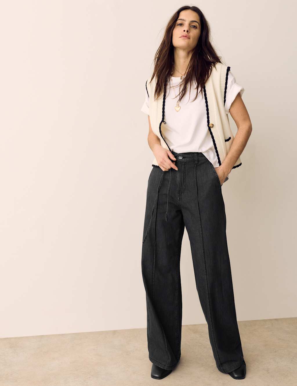 Per Una Denim Pintuck Wide Leg Jeans Black