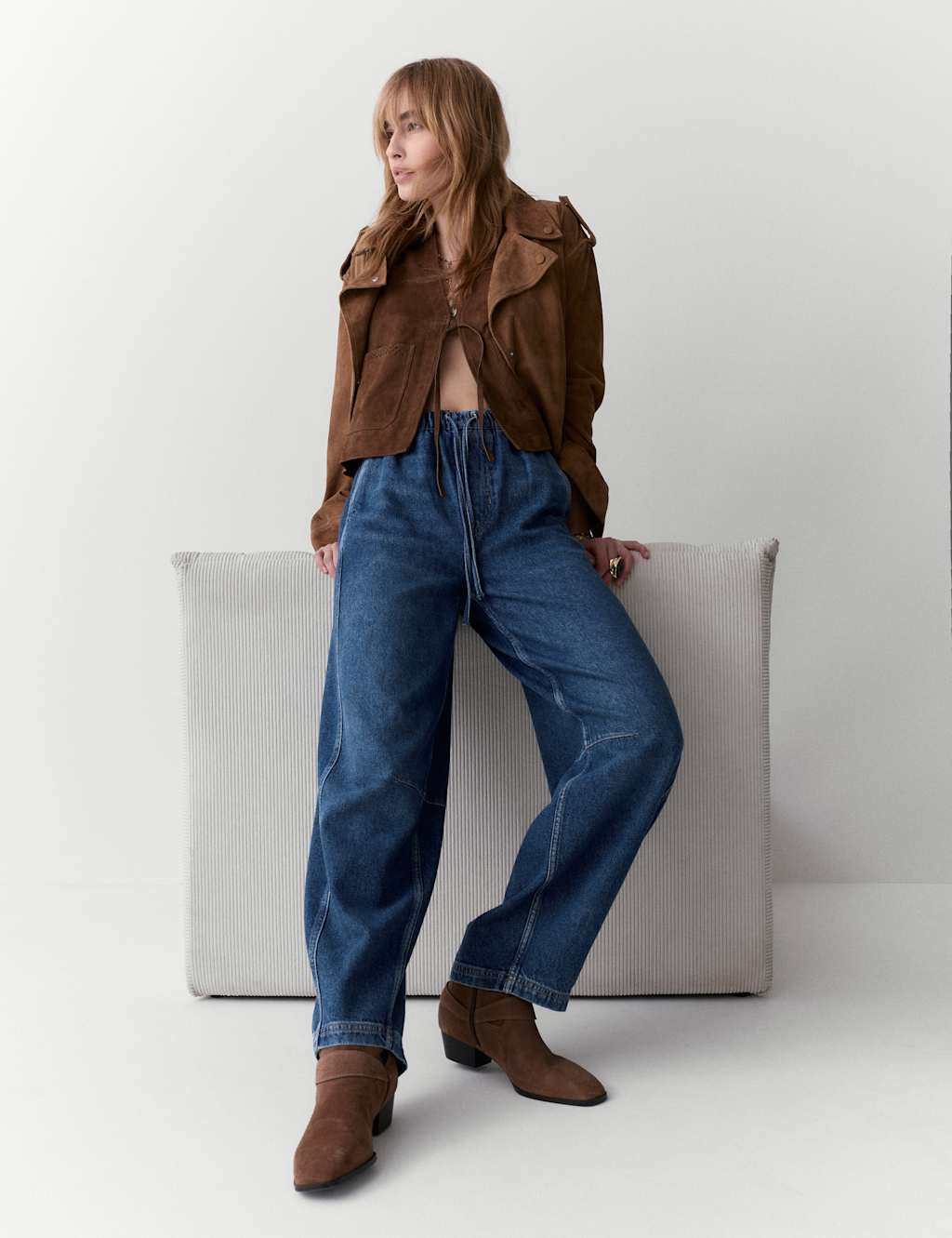 Per Una High Waisted Barrel Ankle Grazer Jeans Dark Indigo