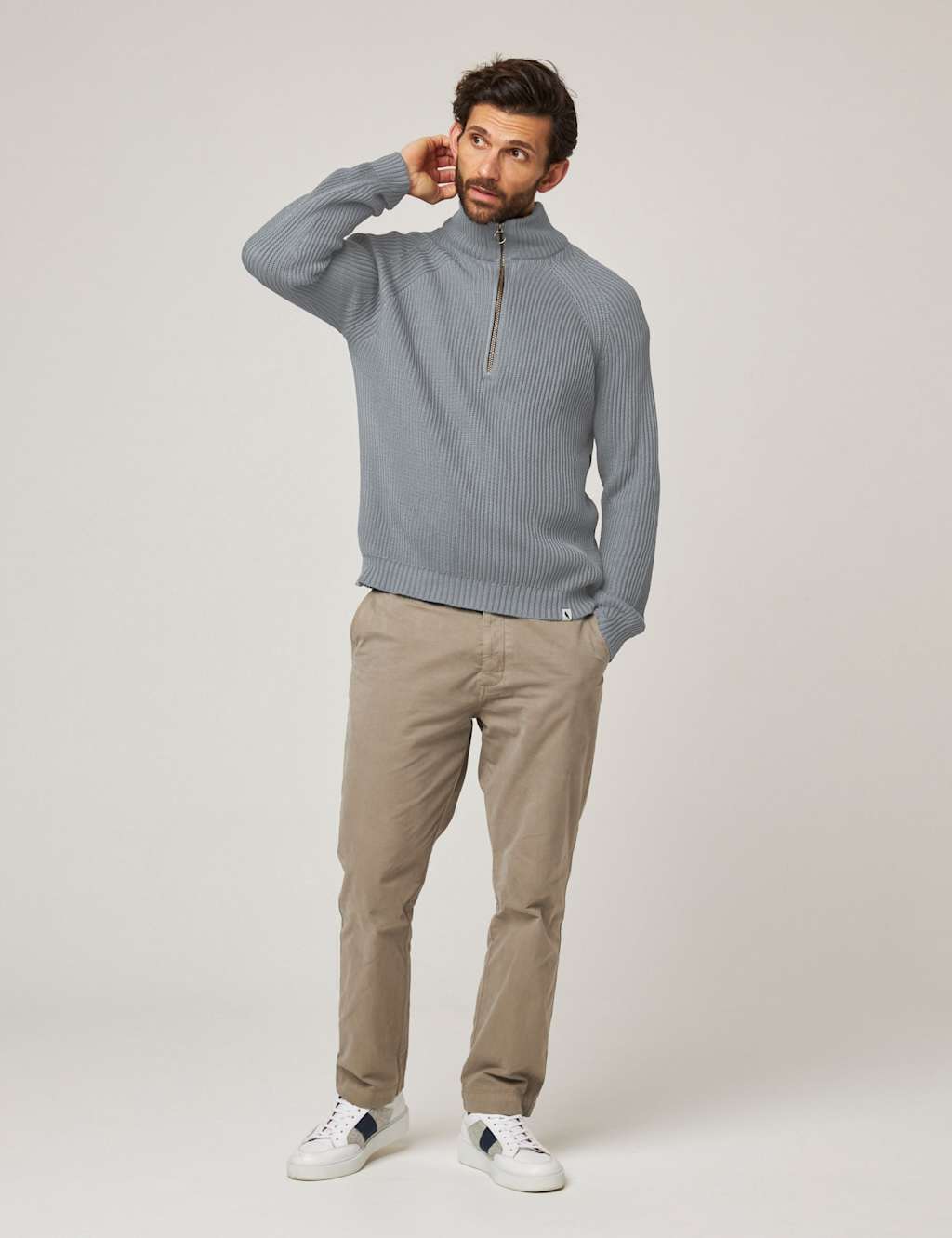 Peregrine Pure Cotton Ribbed Quarter Zip Jumper Blue Denim