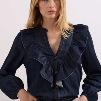 Phase Eight Cotton Rich Denim V-Neck Frill Detail Blouse Mid Blue