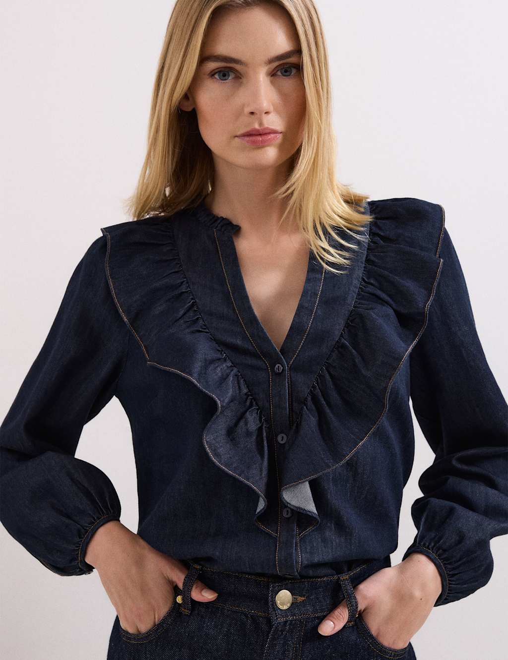 Phase Eight Cotton Rich Denim V-Neck Frill Detail Blouse Mid Blue