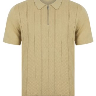 Polo Shirts Harvers Knitted Cotton Textured Stripe Polo Shirt with Zip Fasten Collar in Fields of Rye - Kensington Eastside / L - Tokyo Laundry