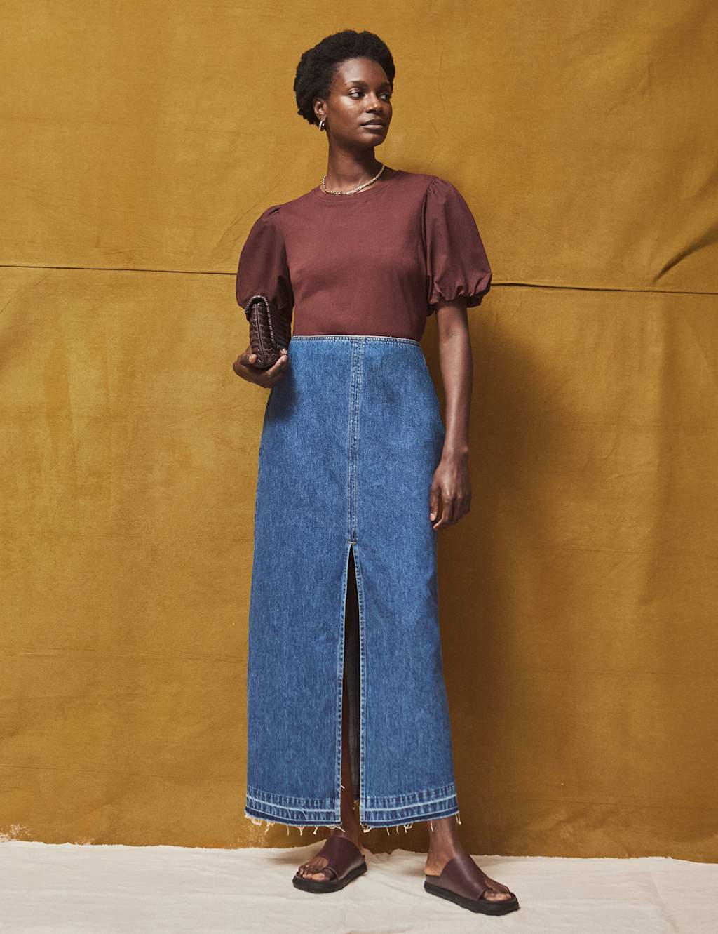 RO&ZO Pure Cotton Denim Split Front Maxi Skirt Blue Denim