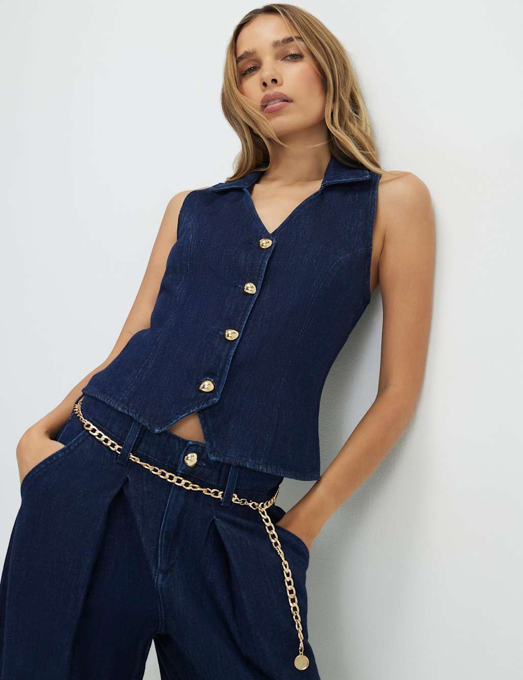 River Island Denim Collared Button Through Waistcoat Dark Blue Denim