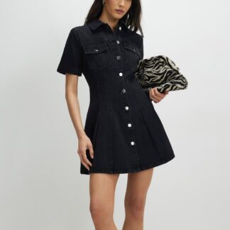 River Island Denim Collared Pleat Front Mini Shirt Dress Black