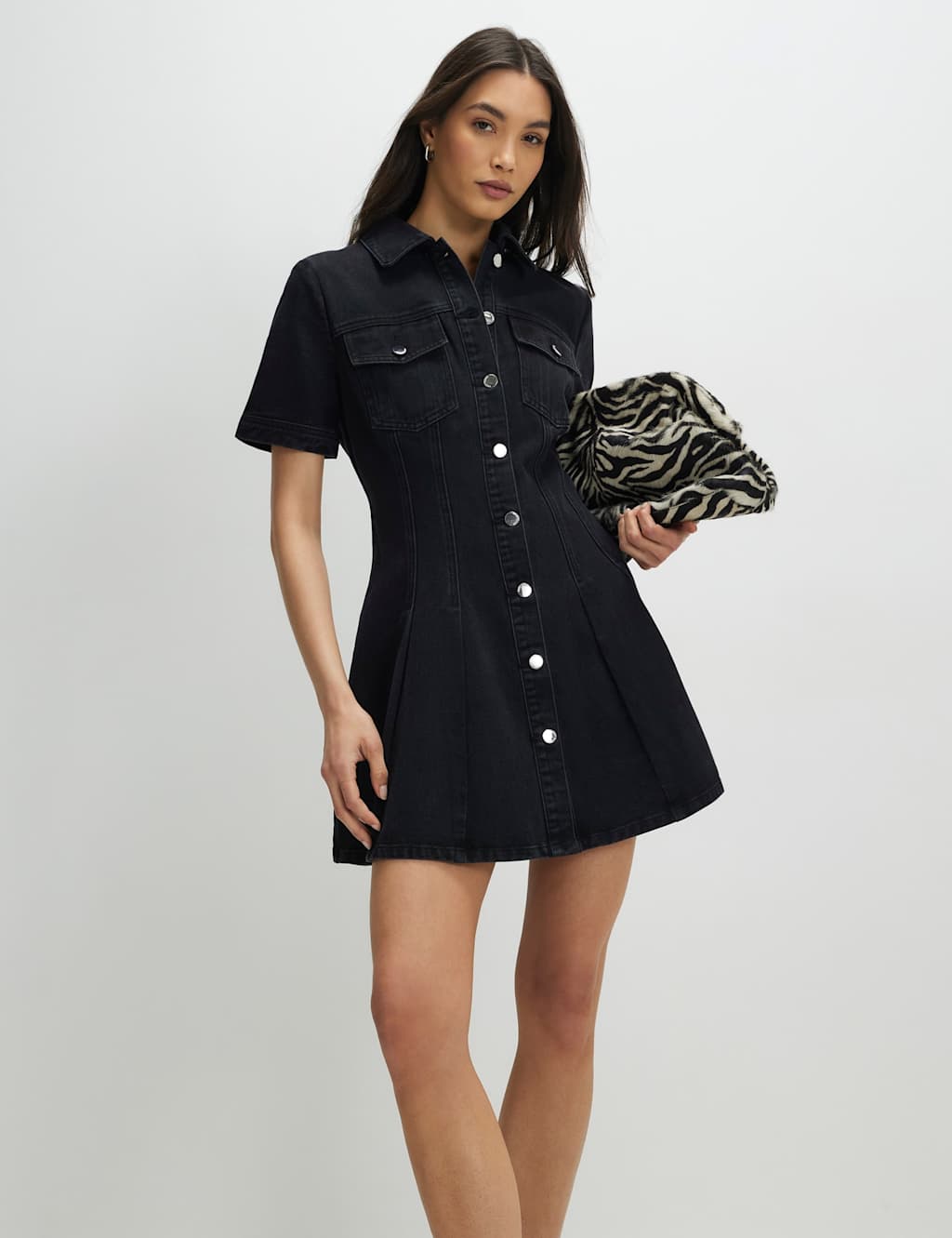 River Island Denim Collared Pleat Front Mini Shirt Dress Black