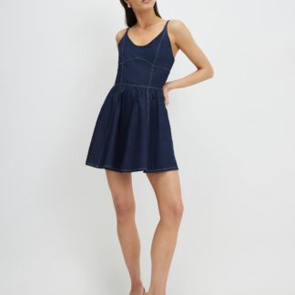 River Island Denim Scoop Neck Mini Skater Dress Dark Blue Denim