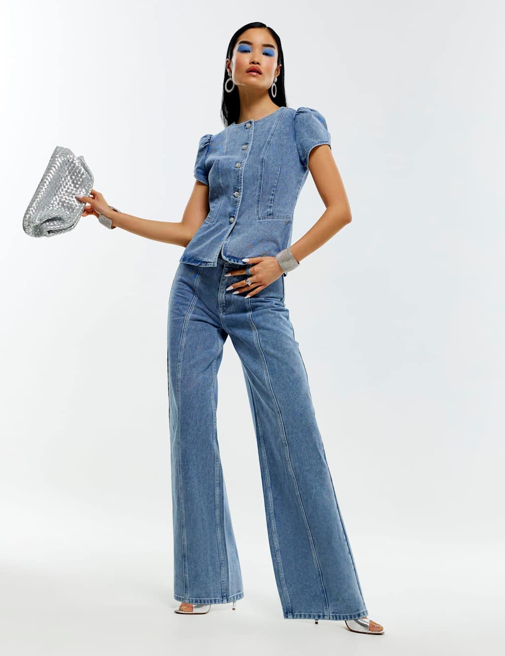 River Island Embellished High Waisted Wide Leg Jeans Blue Denim