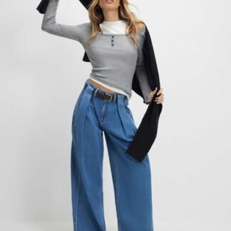 River Island High Waisted Belted Pleated Wide Leg Jeans Blue Denim