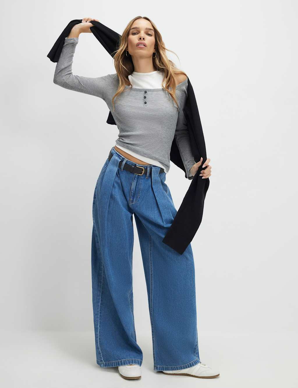 River Island High Waisted Belted Pleated Wide Leg Jeans Blue Denim