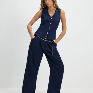River Island High Waisted Belted Wide Leg Jeans Dark Blue Denim