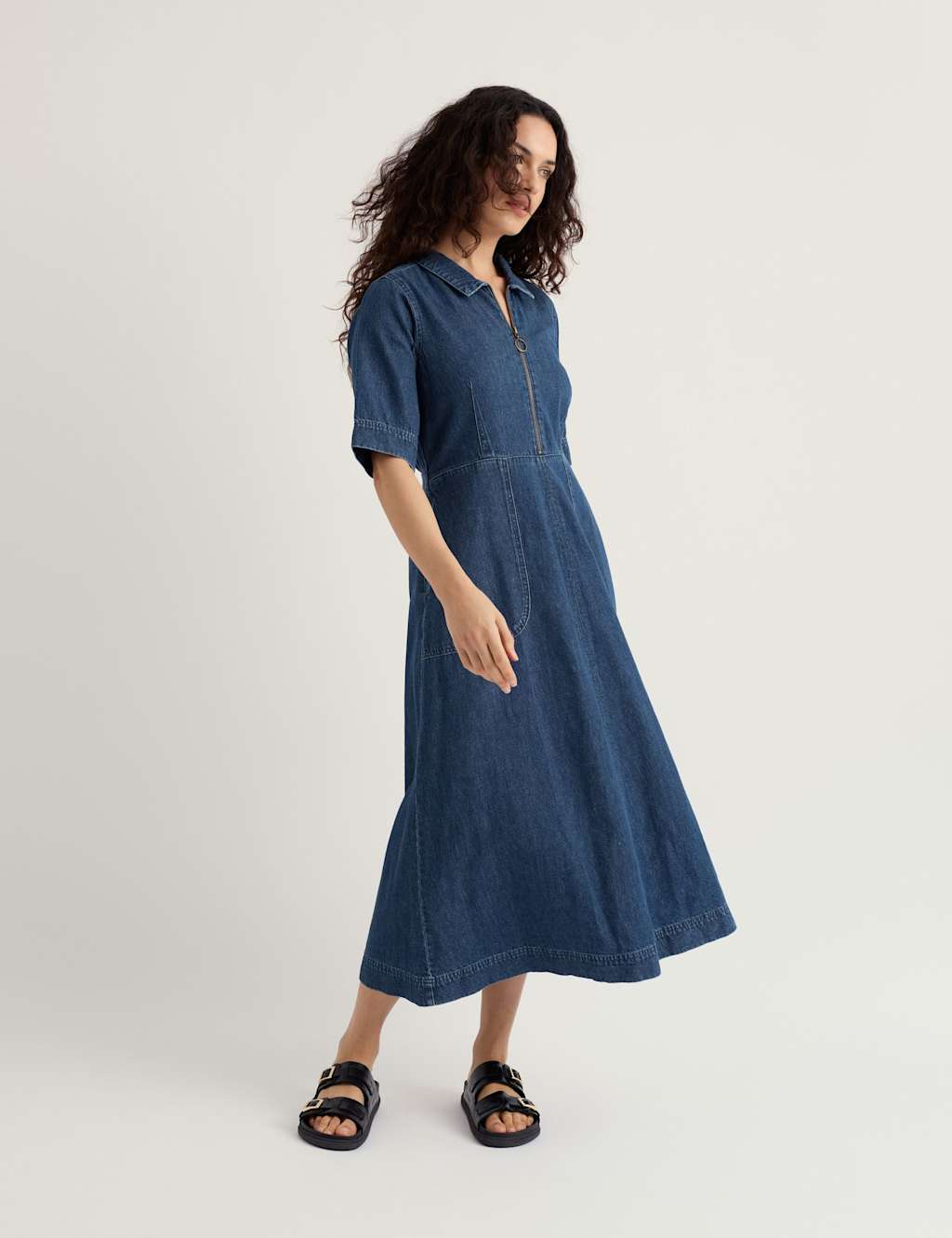 Seasalt Cornwall Cotton Rich Midi Shirt Dress with Linen Blue Denim