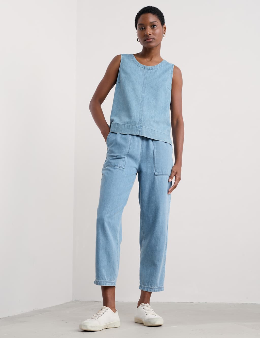 Seasalt Cornwall Modal Denim Drawstring Ankle Grazer Trousers Blue