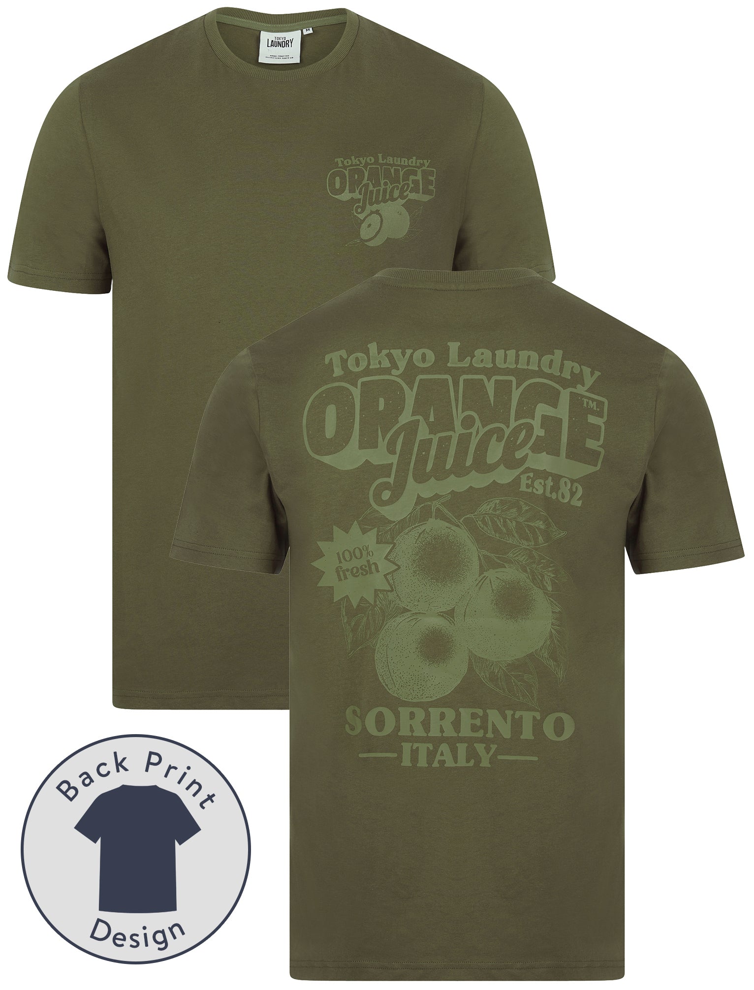 T-Shirts Orange Juice Vintage Retro Reverse Back Print Cotton Jersey T-Shirt in Grape Leaf / S - Tokyo Laundry