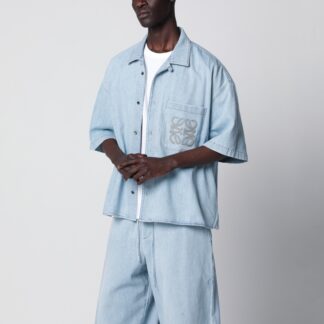 Washed blue denim short-sleeve shirt