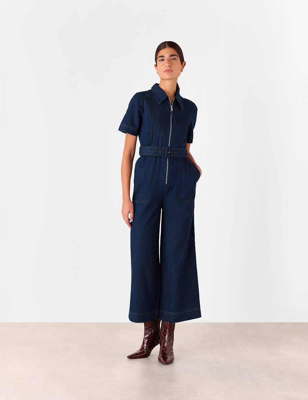 Whistles Denim Belted Short Sleeve Jumpsuit Denim