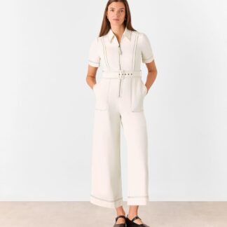 Whistles Denim Belted Short Sleeve Jumpsuit Ivory