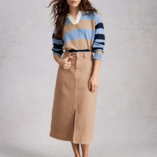 White Stuff Cotton Rich Denim Split Front Midi Skirt Natural