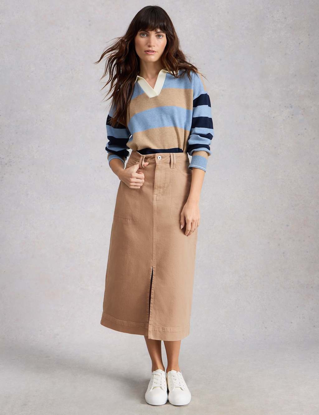 White Stuff Cotton Rich Denim Split Front Midi Skirt Natural