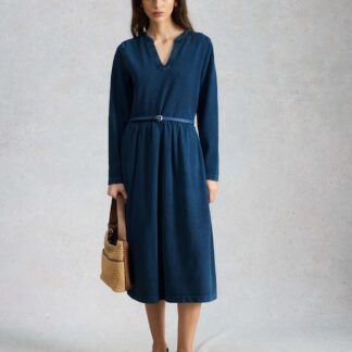 White Stuff Jersey Notch Neck Midi Tea Dress Blue Denim