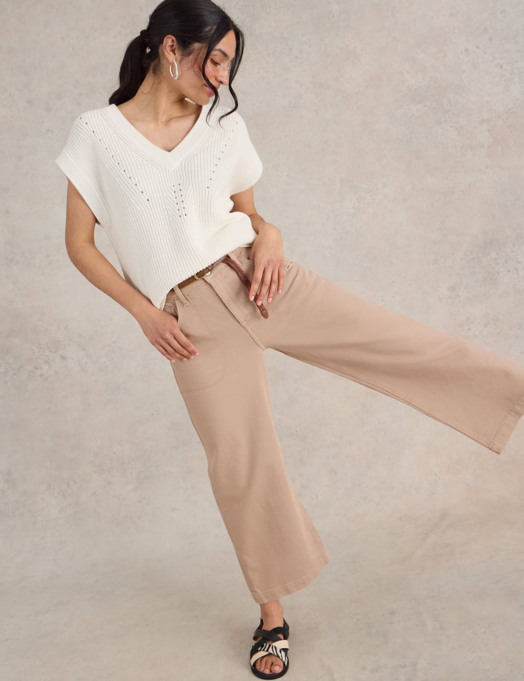 White Stuff Mid Rise Wide Leg Cropped Jeans Natural