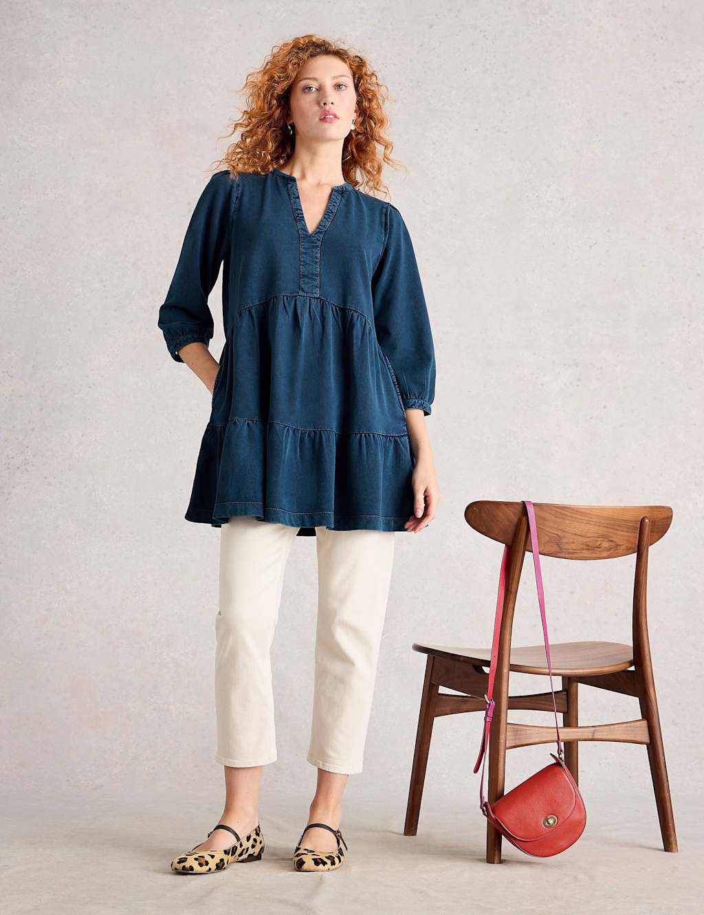 White Stuff Pure Cotton V-Neck Tunic Blue