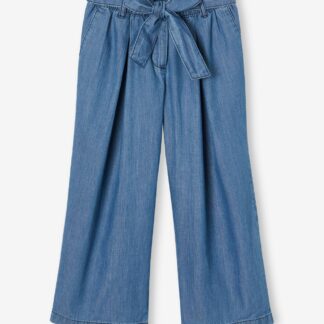 Wide, Cropped Paperbag-Type Trousers in Lightweight Denim, for Girls medium blue