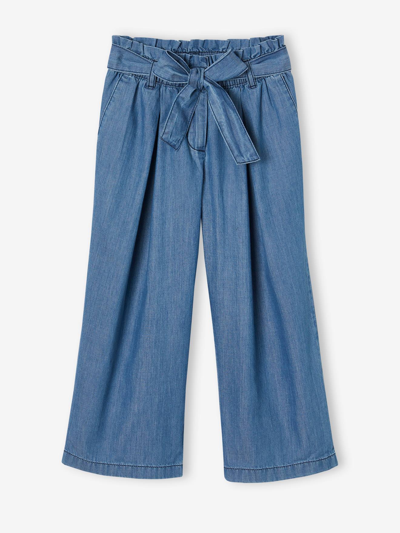 Wide, Cropped Paperbag-Type Trousers in Lightweight Denim, for Girls medium blue