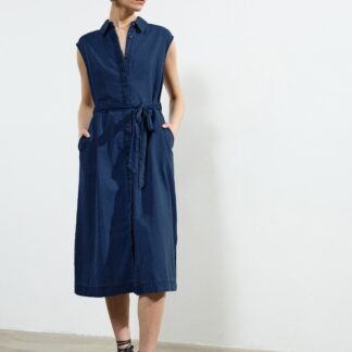 Zaves Chambray Denim Sleeveless Midi Dress Mid Wash Blue